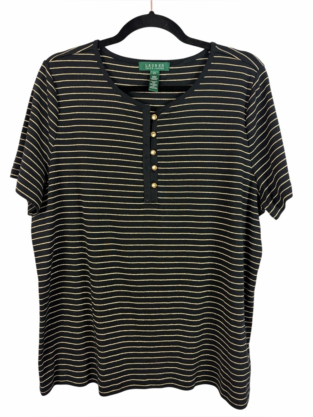 Lauren Ralph Lauren Black Gold Stripe Short Sleeve Top Plus Size 2X